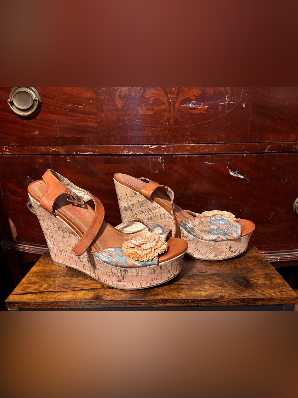 Pink & Pepper Tan Cork Wedge Sandals with Blue Pattern and Floral Accent